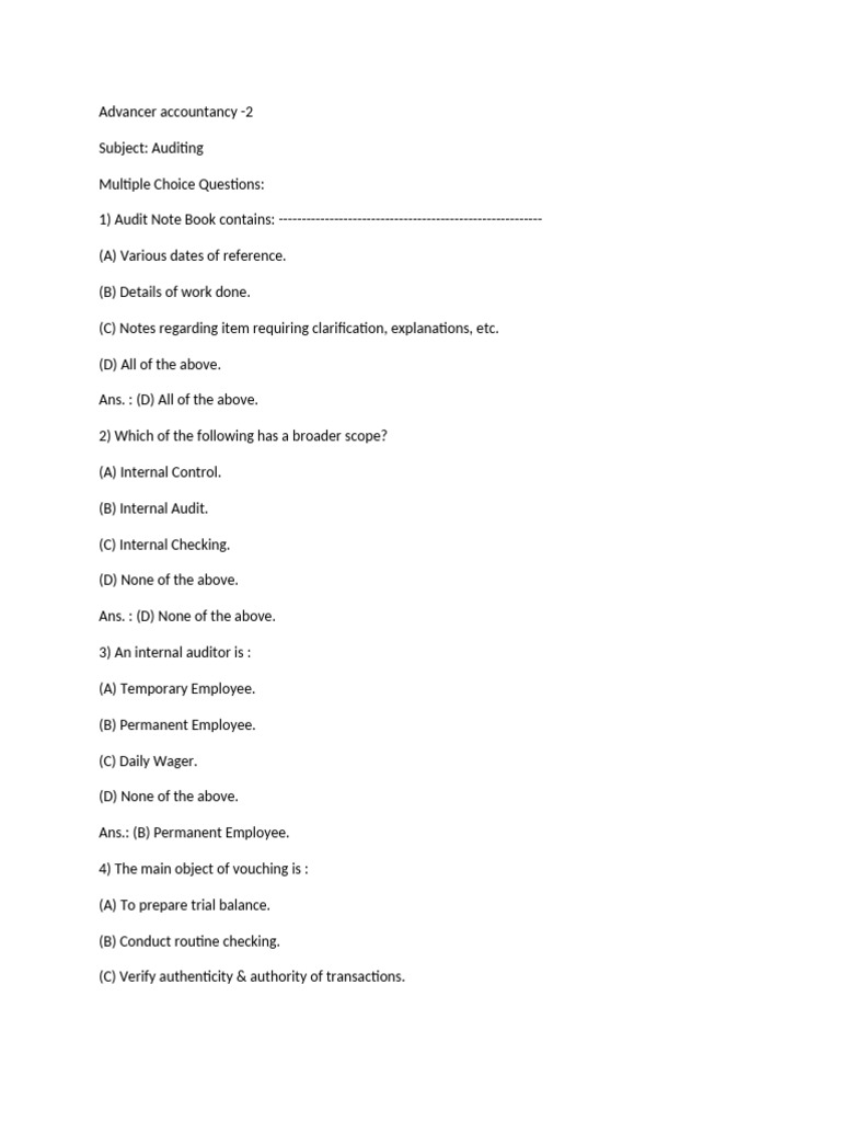 Auditing Multiple Choice Questions Guide | PDF | Audit | Internal Control