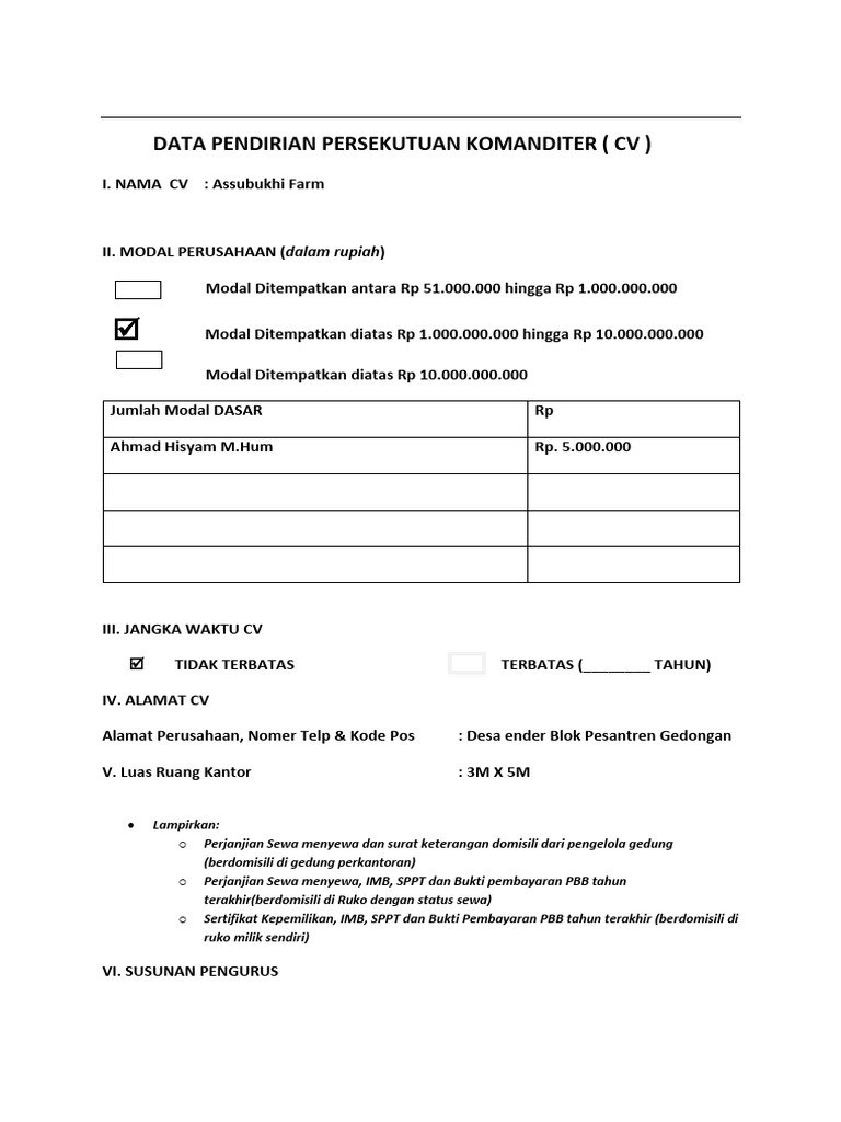 Pendirian CV Assubukhi Farm dan Detailnya | PDF