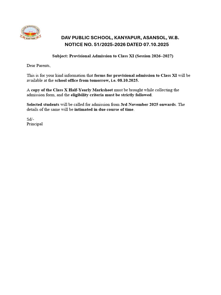 Admission Notice Xi | PDF