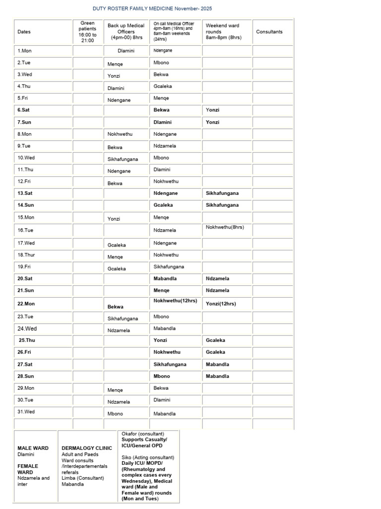 Family Medicine Duty Roster Nov 2025 | PDF | Chess Theory | Chess