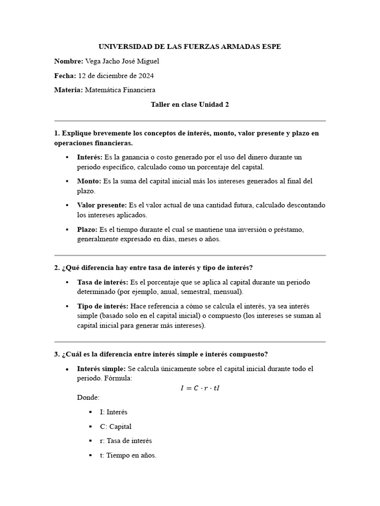 Taller U2 Matemática Financiera | PDF | Interés | Finanzas Matemáticas