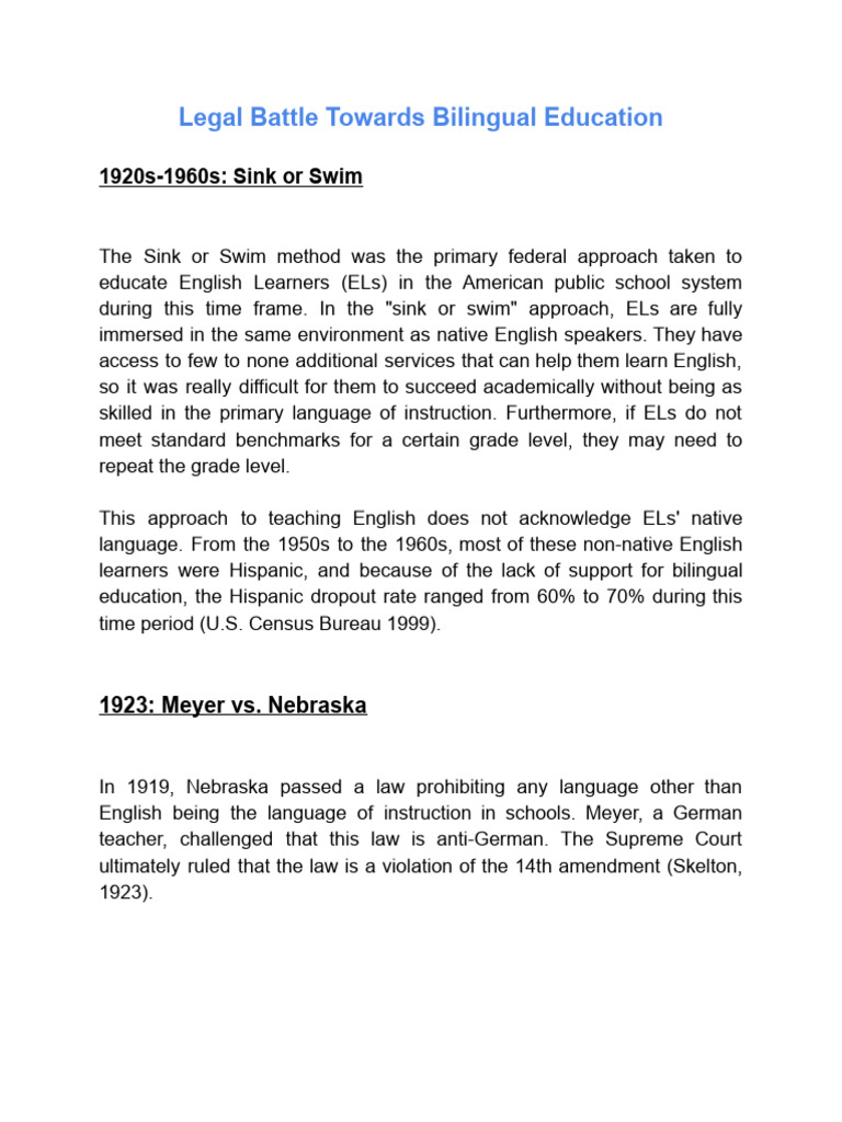 Legal Battle Towards Bilingual Education PDF Civil Rights Act Of