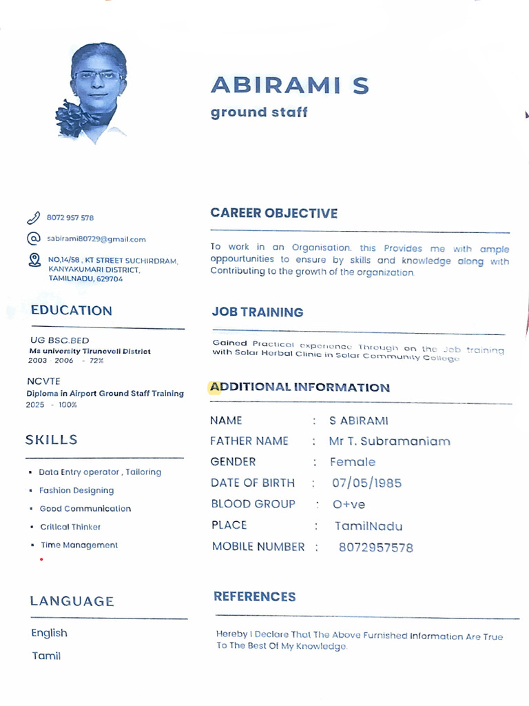 Abirami S: Resume for Ground Staff Position | PDF