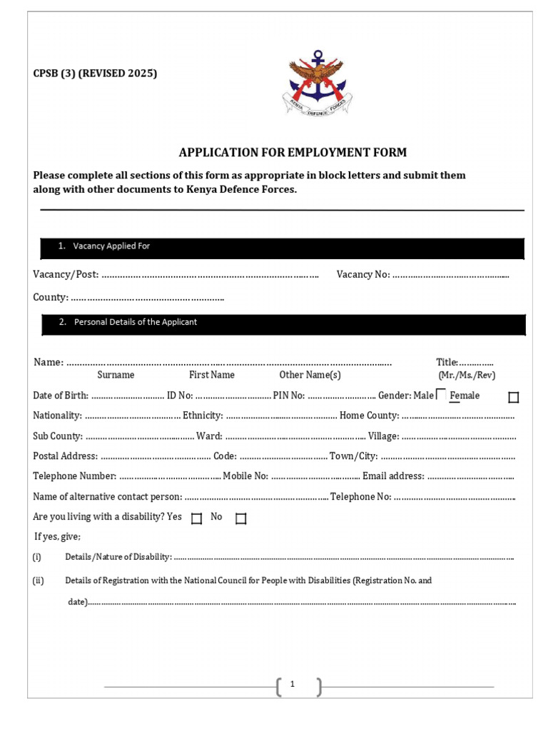 Kenya Defence Forces Employment Application | PDF