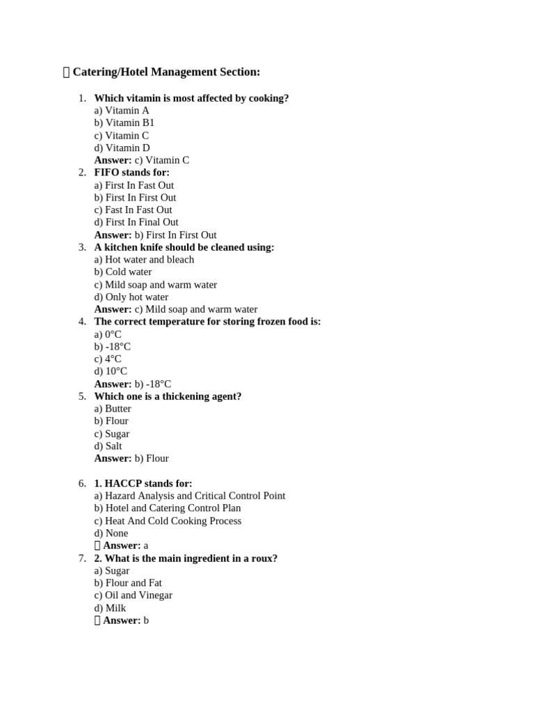 Essential Catering Knowledge Quiz | PDF | Cooking | Baking