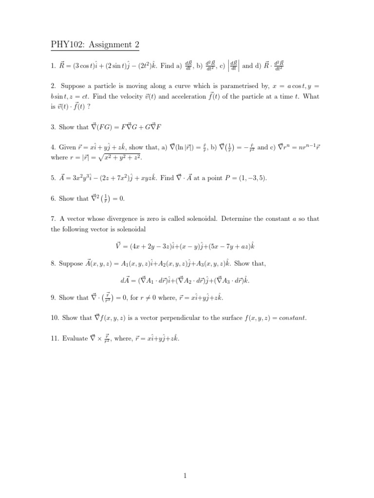 PHY102 Vector Calculus Assignment 2 | PDF | Physics | Mechanics