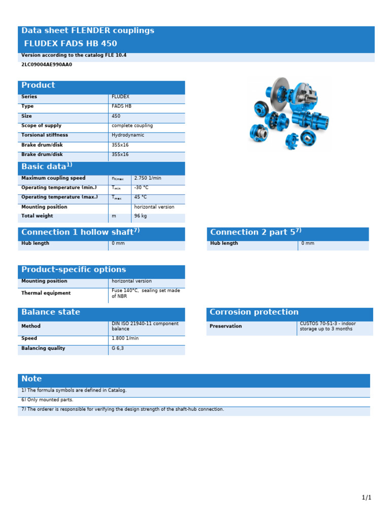 FLENDER FLUDEX FADS HB 450 Data Sheet | PDF