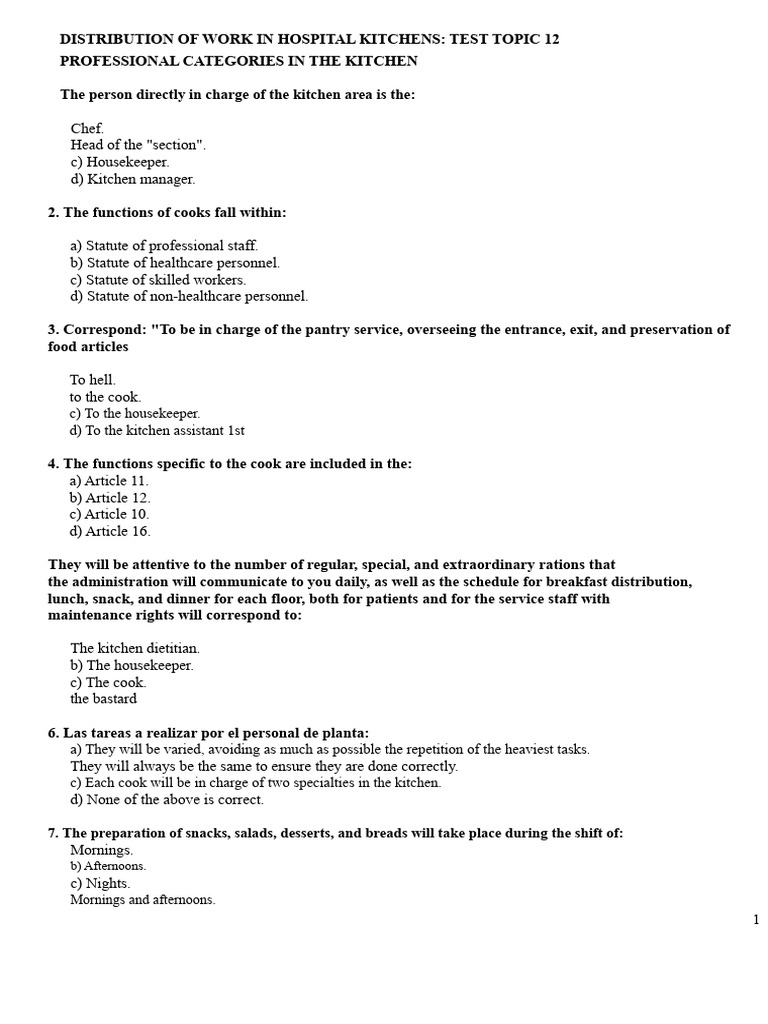 Work Distribution Test in The Kitchen | PDF | Chef | Kitchen