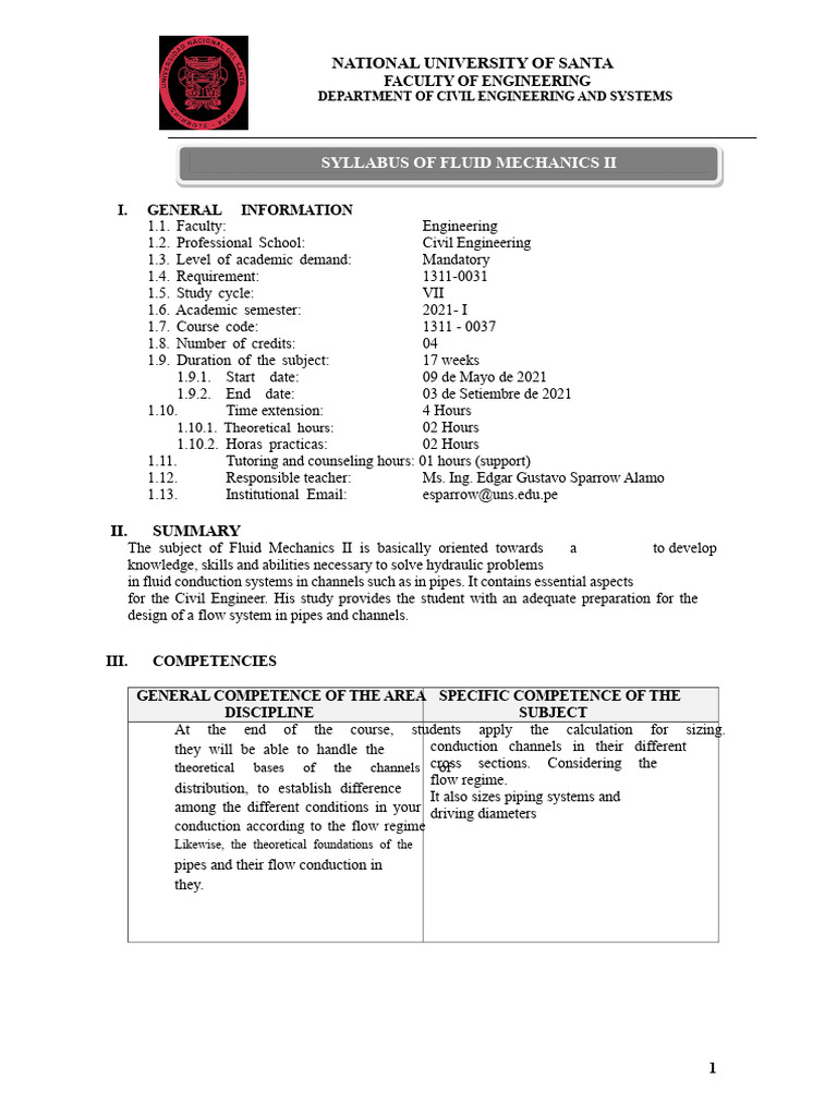 Syllabus Fluid Mechanics Ii 2021.1 Uns | PDF | Engineering