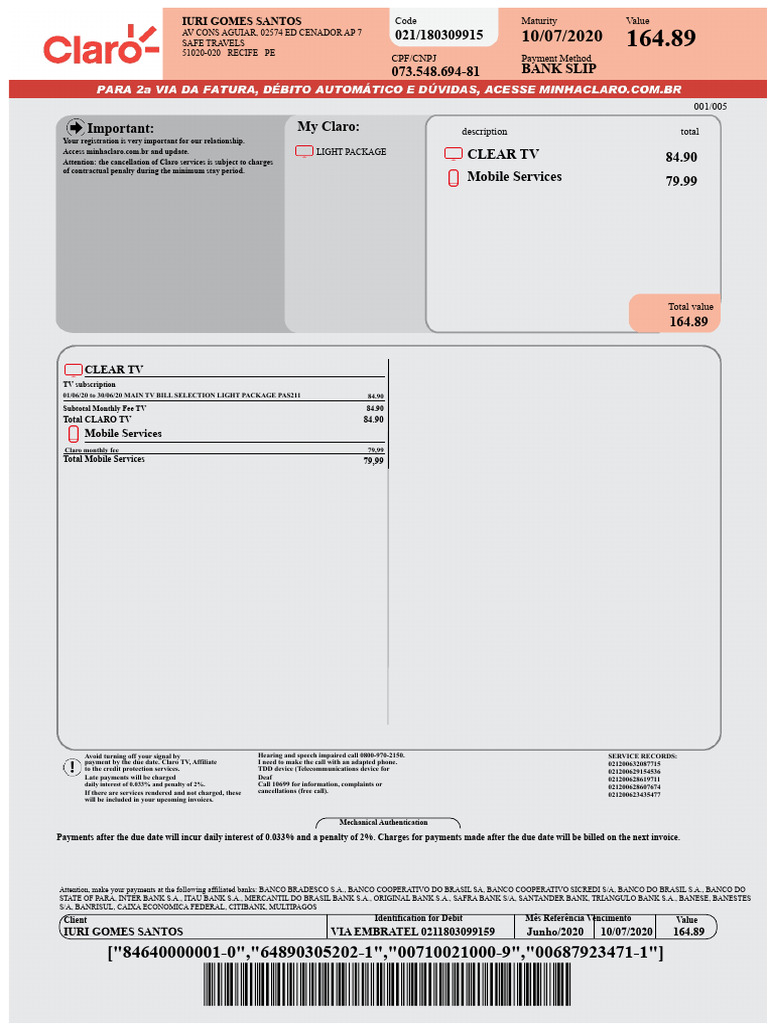 Claro Service Invoice Summary - June 2020 | PDF | Invoice | Fee