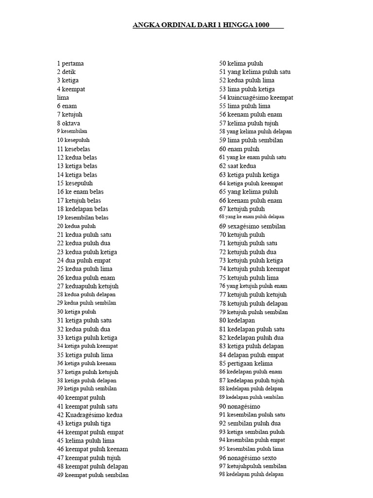Angka Ordinal Dari 1 Sampai 1000 | PDF