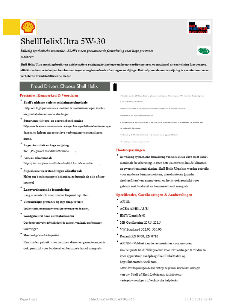 Shell Helix Ultra 5W-30 Technisch Datasheet | PDF
