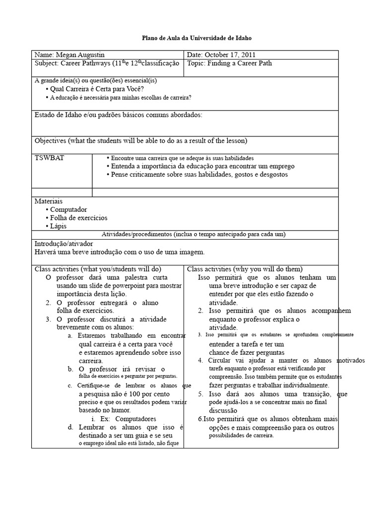 Plano de Aula Caminhos de Carreira | PDF