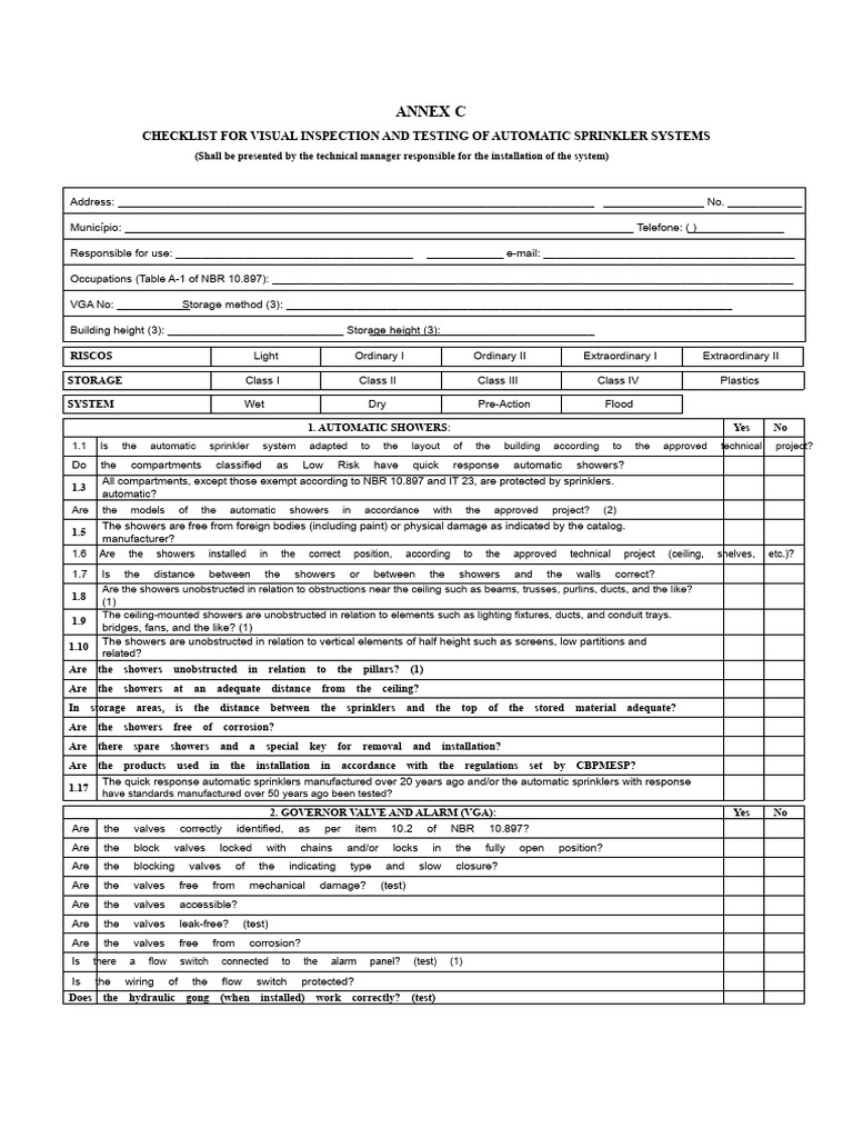 Sprinkler System Inspection Checklist | PDF | Fire Sprinkler System | Pump
