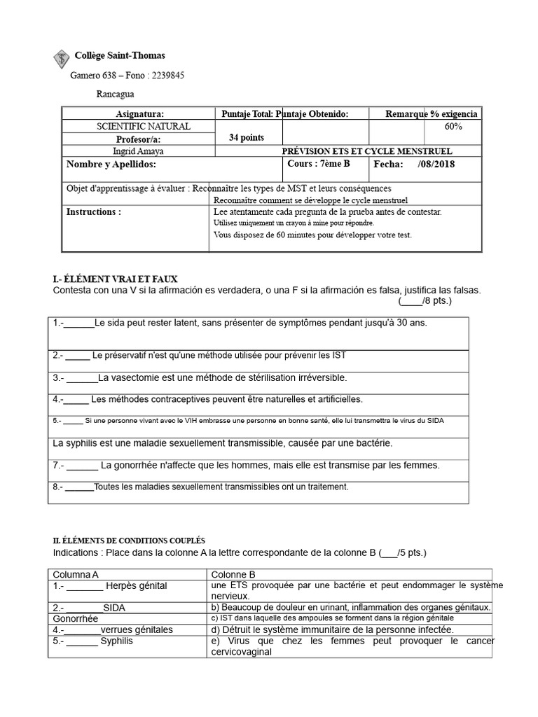 Test sur les MST et le cycle menstruel | PDF | Infection sexuellement ...