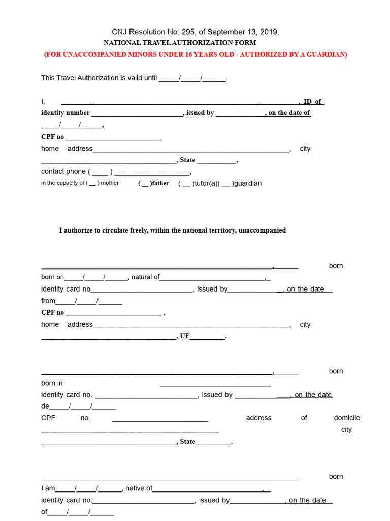 Authorization For Unaccompanied Minor Travel 1 | PDF | Identity ...