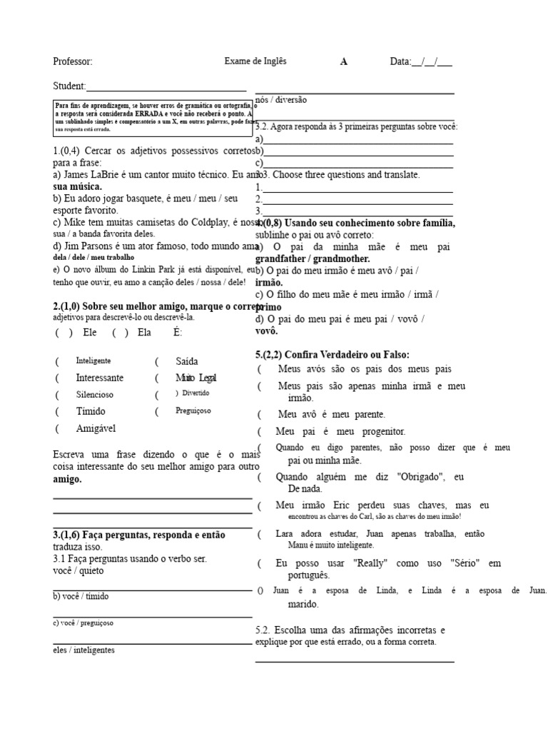 Exame de Inglês: Questões e Respostas | PDF | Linguística