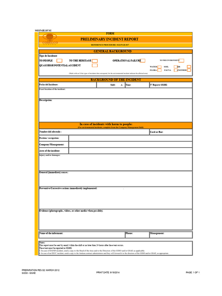 Codelco Preliminary Incident Report Form | PDF