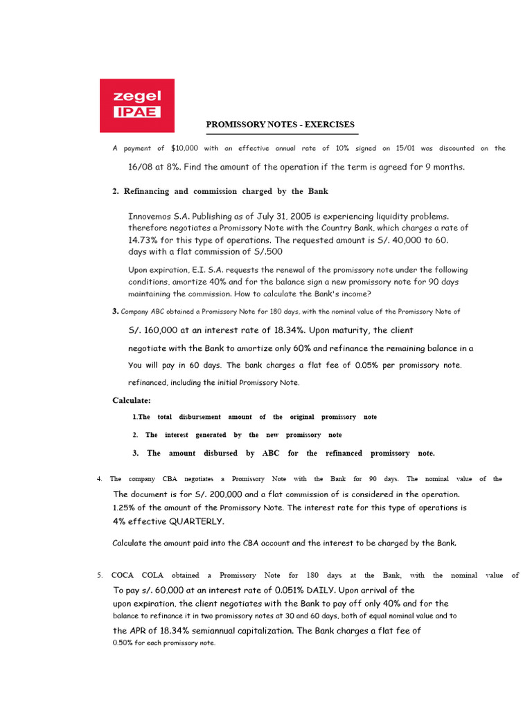 Week 3 PROMISSORY NOTES - Exercises | PDF | Refinancing | Interest