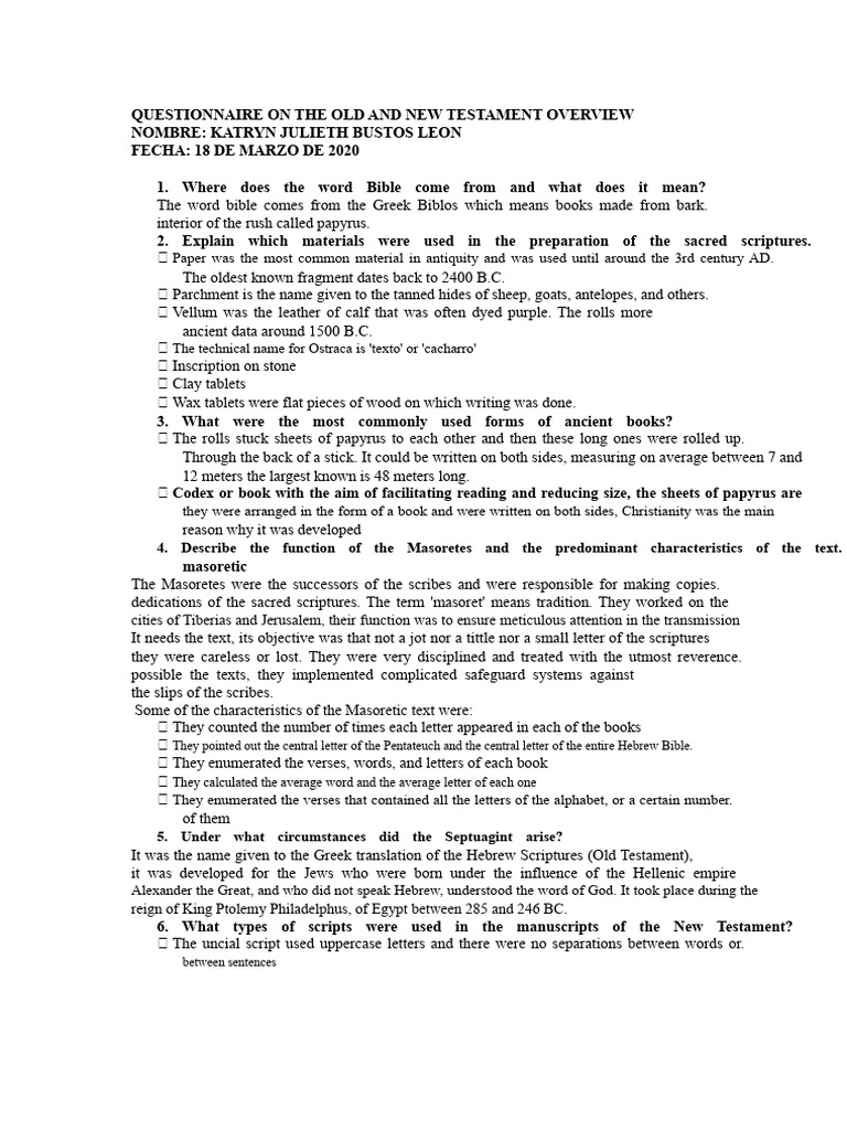 Questionnaire On The Old and New Testament | PDF | Bible | Biblical Canon