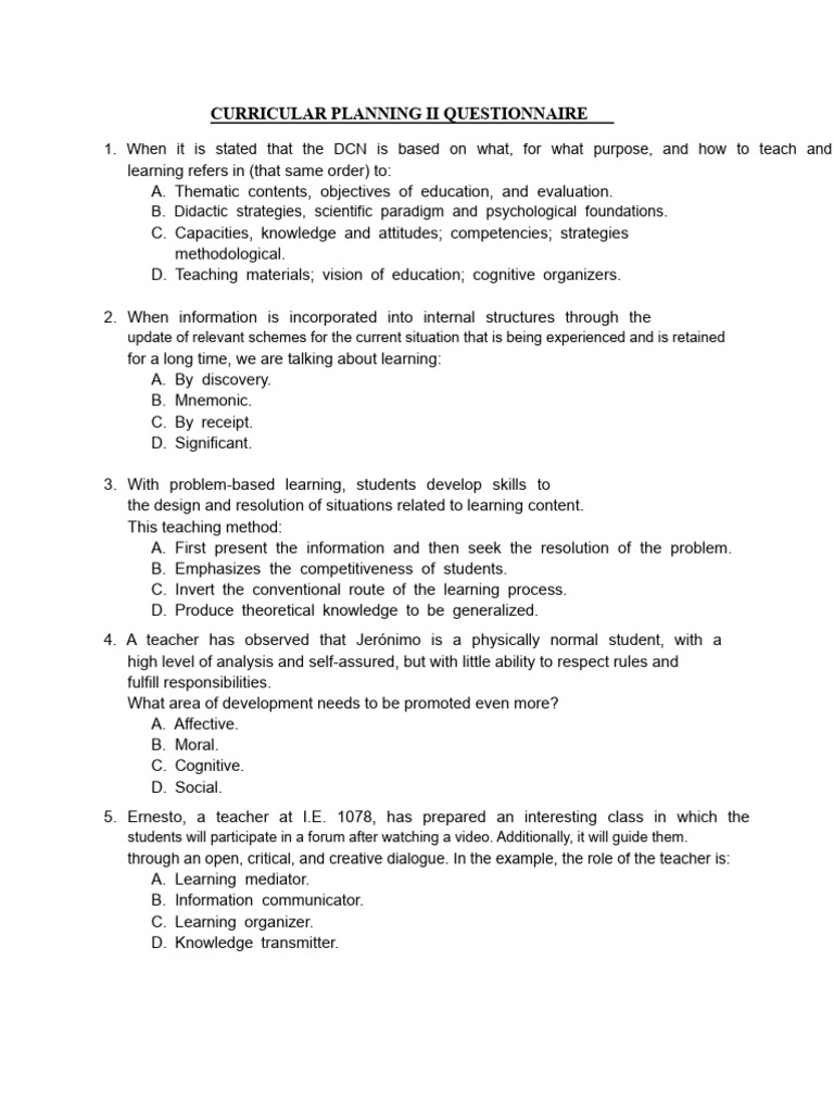 Curricular Planning Questionnaire Ii | PDF | Curriculum | Learning