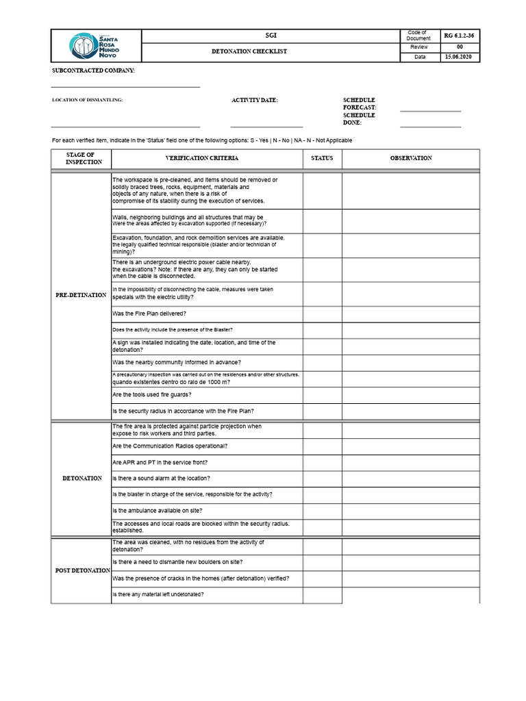 RG 6.1.2-36 Detonation Checklist | PDF
