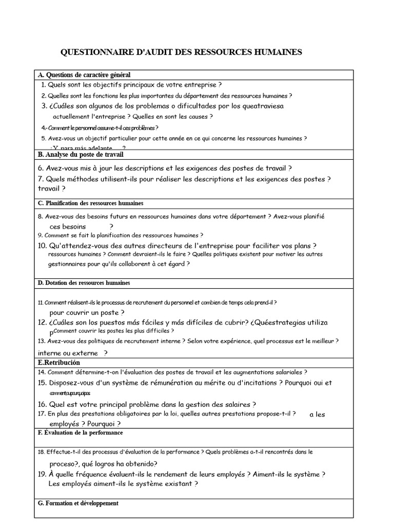 Questionnaire d'Audit RH Complet | PDF | Gestion des ressources ...