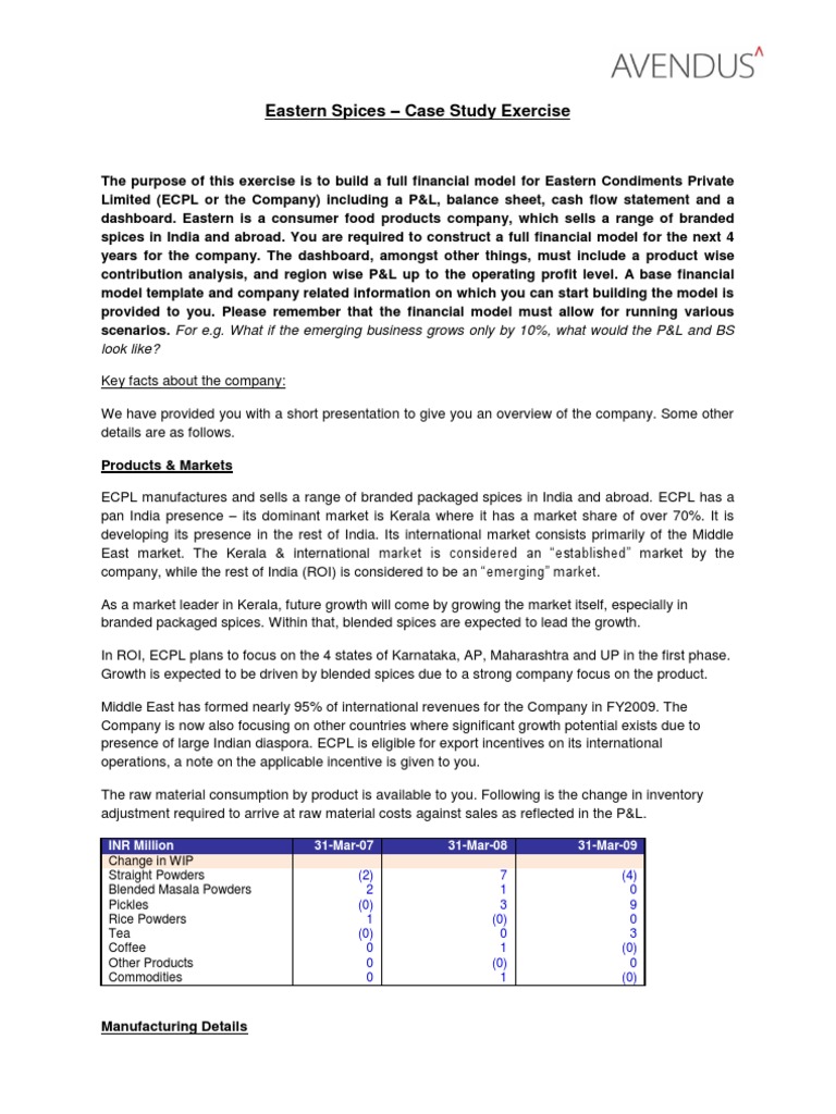 Eastern Spices Financial Model Case Study | PDF | Income Statement | Sales