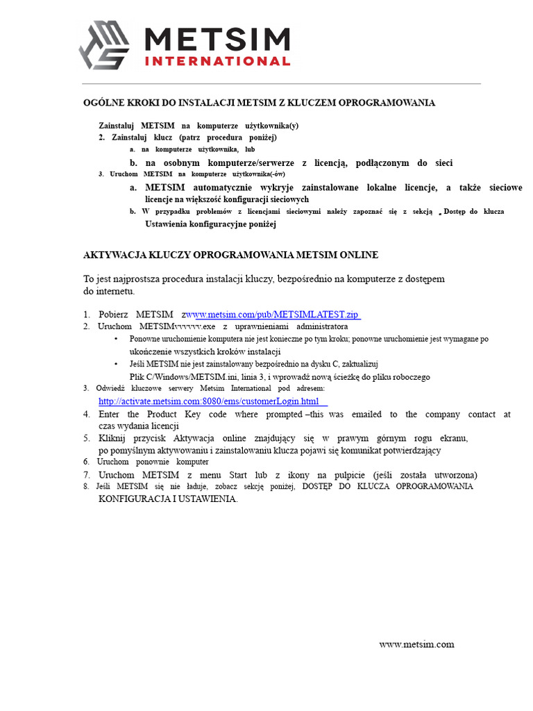 Klucze Oprogramowania METSIM | PDF