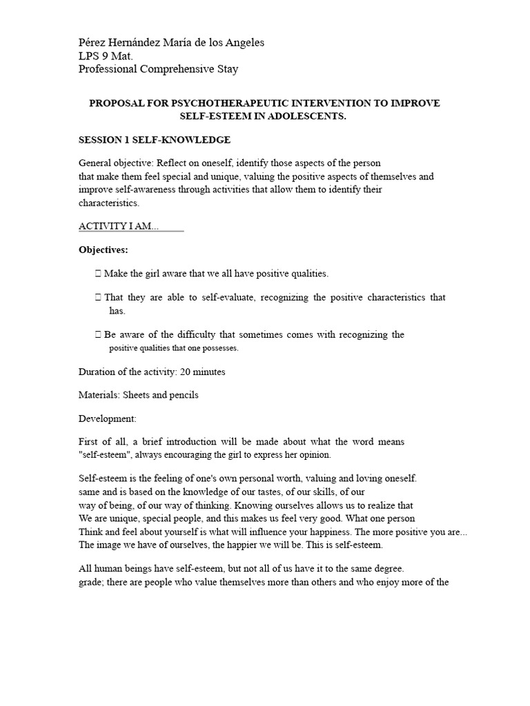 Psychotherapeutic Self-Esteem Proposal | PDF | Thought | Self Esteem