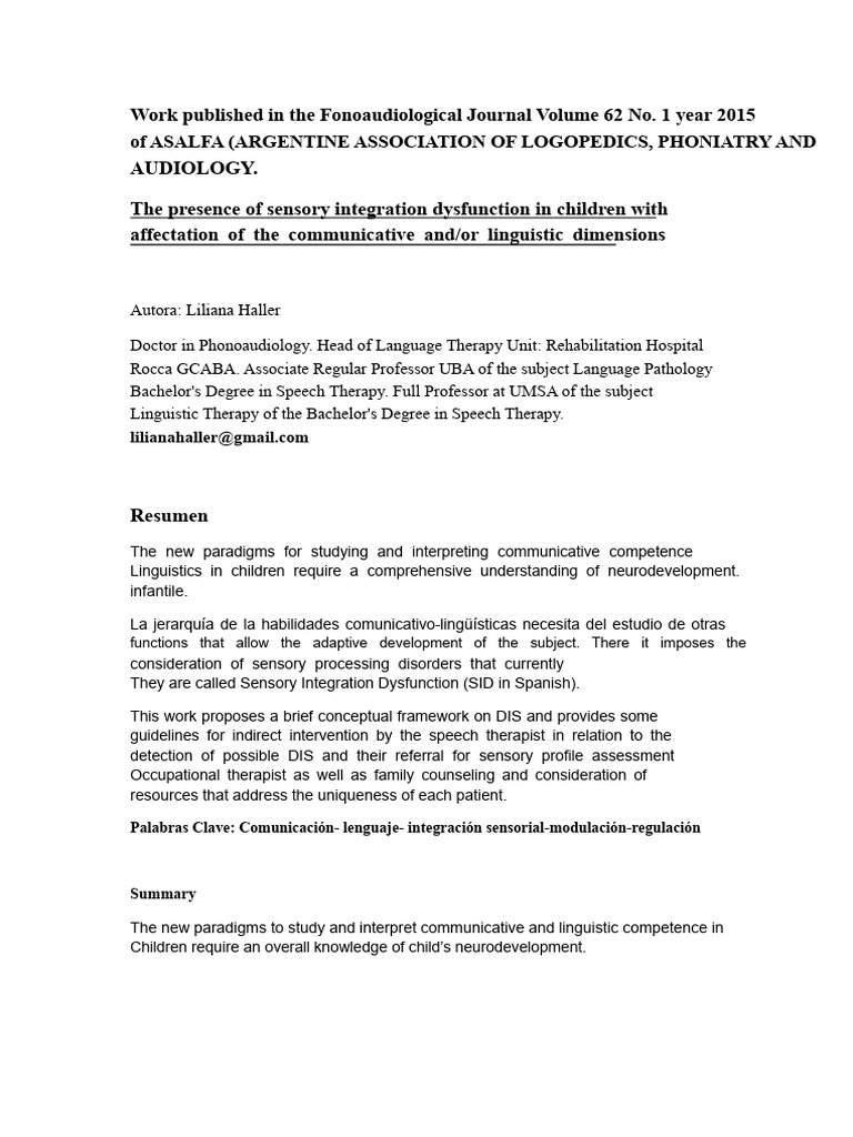The Contributions of Sensory Integration To Intervention in Speech ...