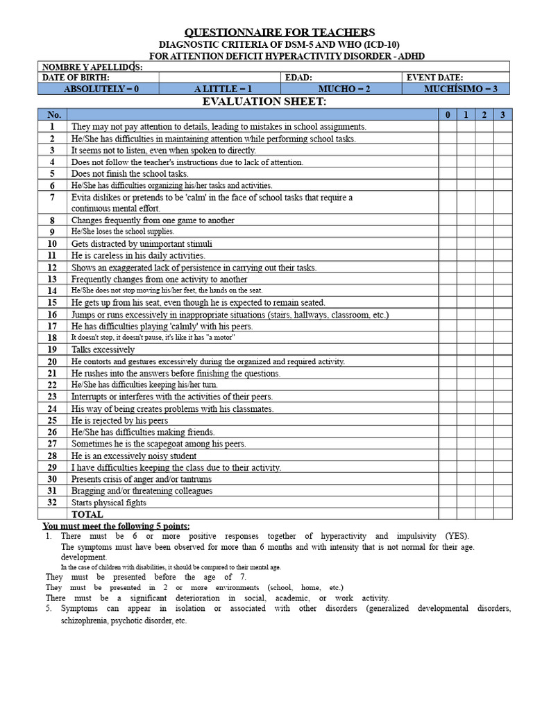 Questionnaire To Detect Hyperactivity in Students | PDF | Attention ...