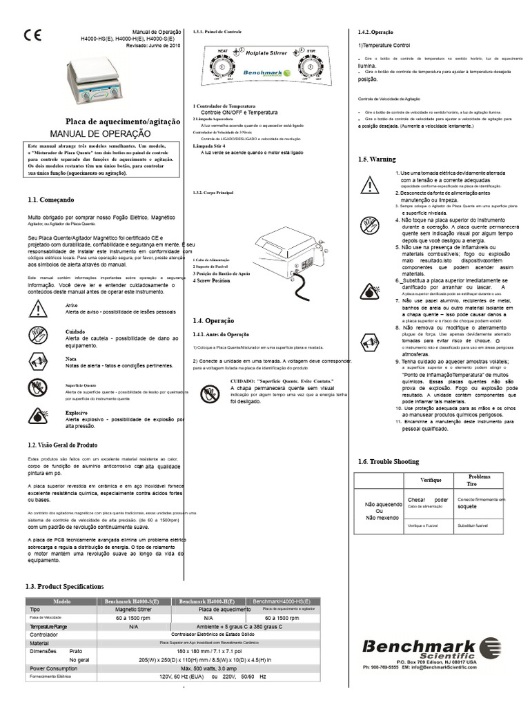 Manual de Operação do Agitador H4000 | PDF | Calor | Eletricidade
