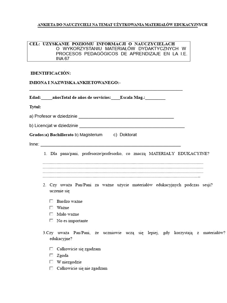 Ankieta Na Temat Wykorzystania Materiałów Edukacyjnych | PDF