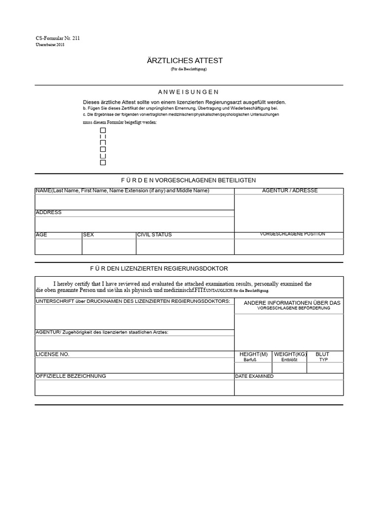CS-Formular Nr. 211 Überarbeitet 2018 Gesundheitszeugnis | PDF