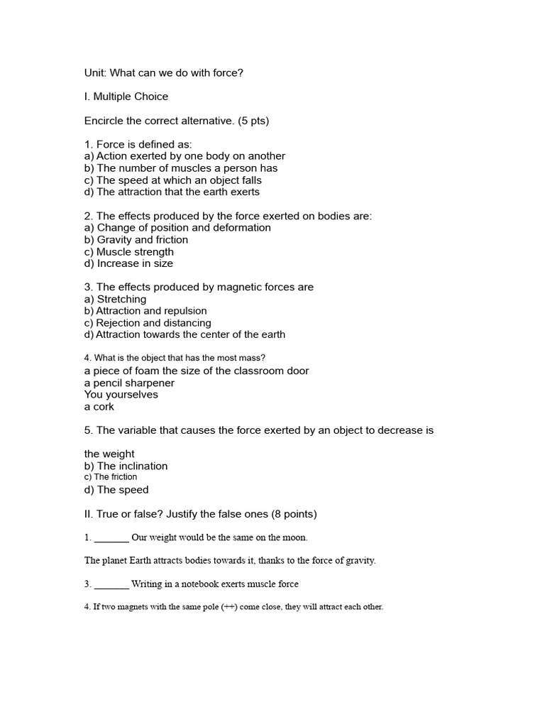 Basic Fourth Grade Test Force and Motion | PDF | Force | Weight
