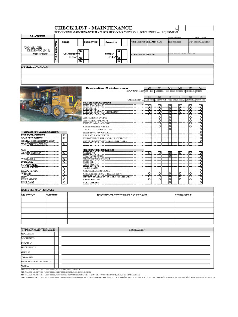 Heavy Machinery Maintenance Checklist | PDF | Heavy Equipment | Vehicles