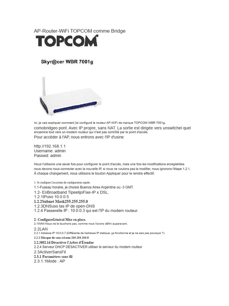 Configuration du Bridge WiFi TOPCOM WBR 7001g | PDF