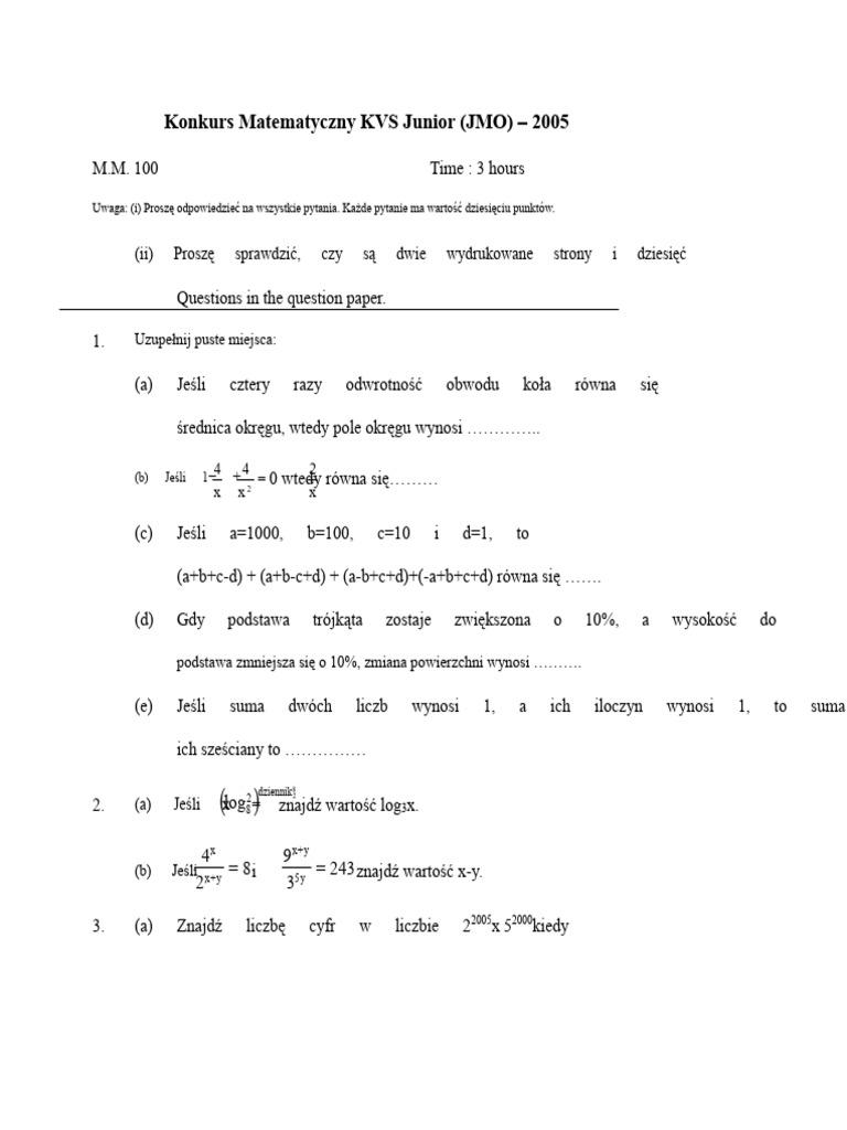 (WWW - Entrance-Exam - Net) - KVS Junior Mathematics Olympiad (JMO ...