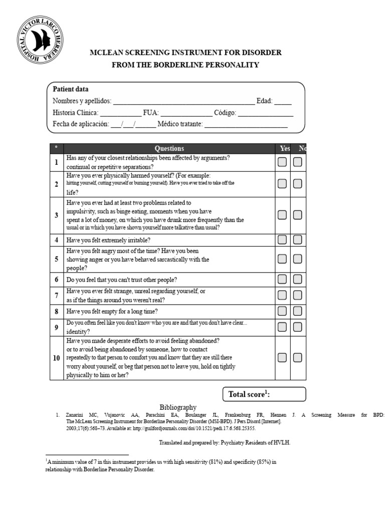 McLean Screening for Borderline Disorder | PDF | Borderline Personality ...