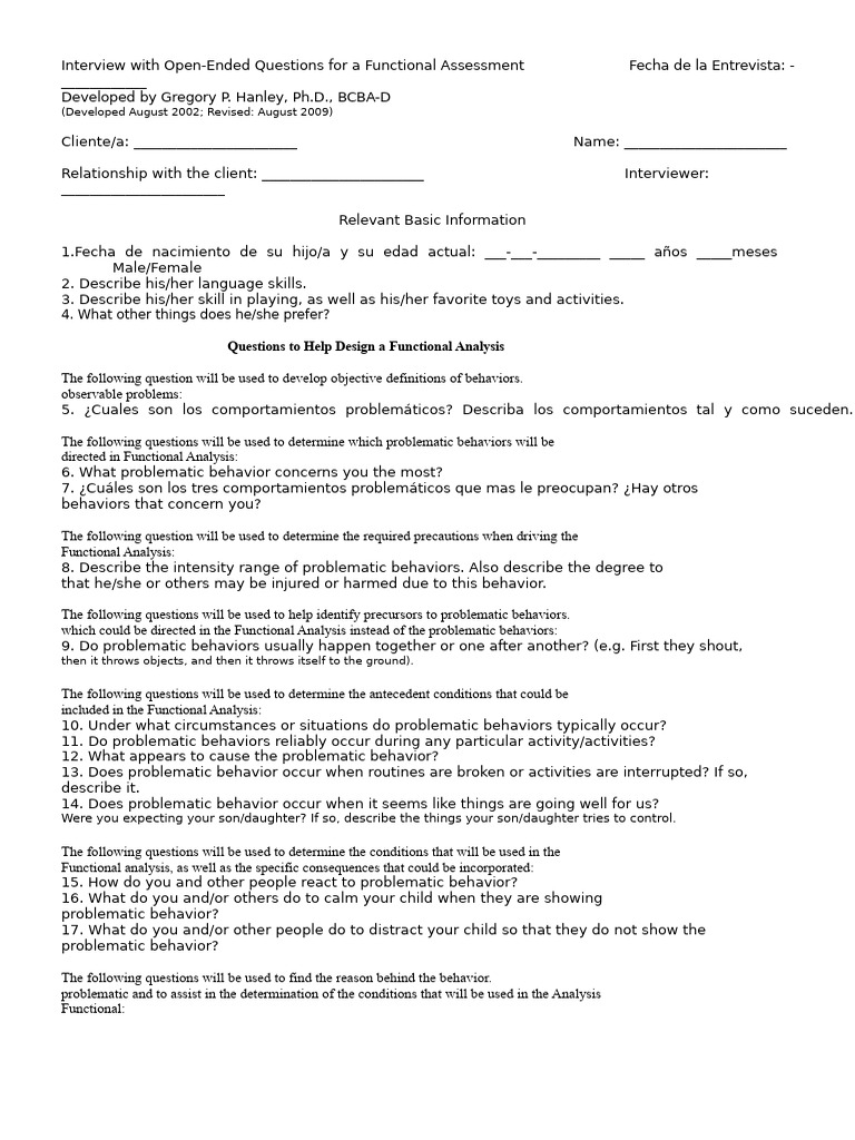 Functional Analysis Interview Guide | PDF | Behavior | Psychological ...