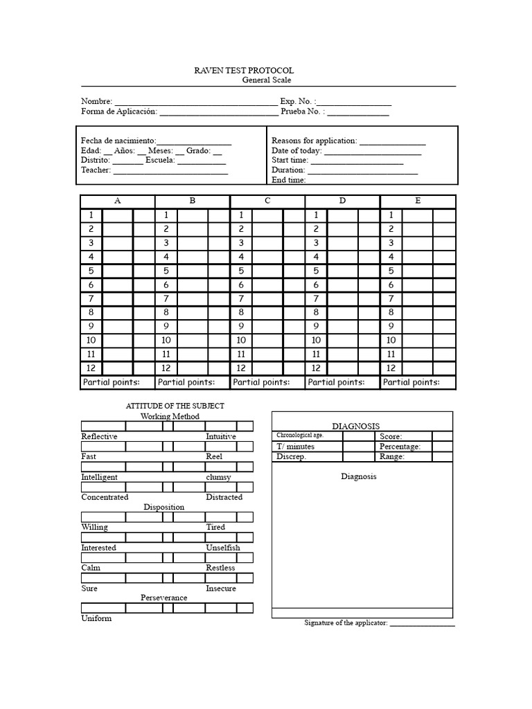 Raven Test Protocol Form | PDF | Cognition