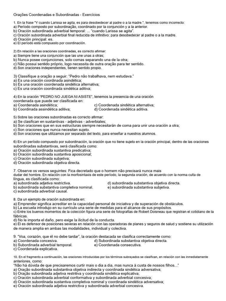 Ejercicios de Oraciones Coordinadas y Subordinadas | PDF | Oración ...