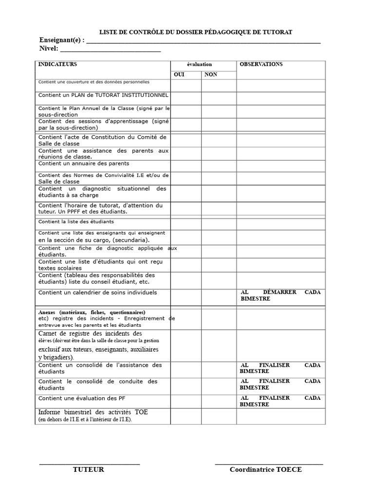 Checklist du Dossier Pédagogique de Tutorat | PDF