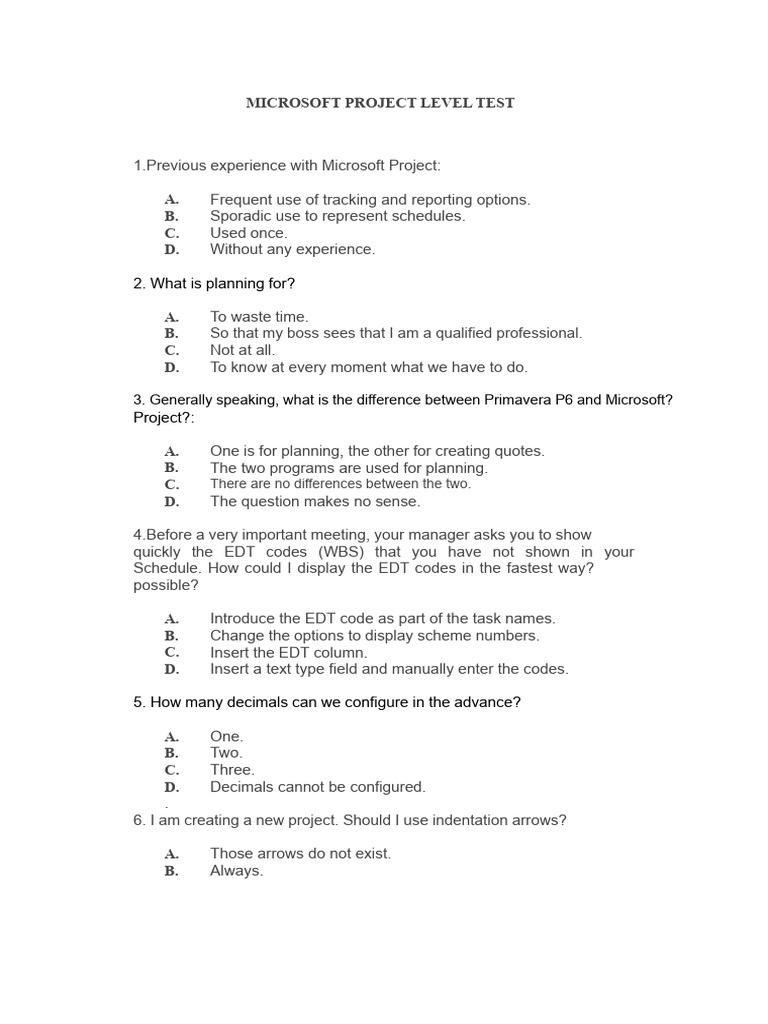 Microsoft Project Level Test Questions | PDF | Computing | Software