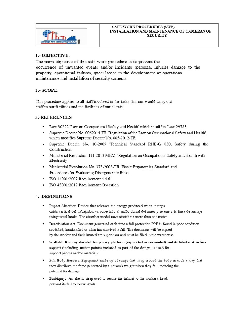 Safe Work Procedures for Security Camera Installation | PDF ...
