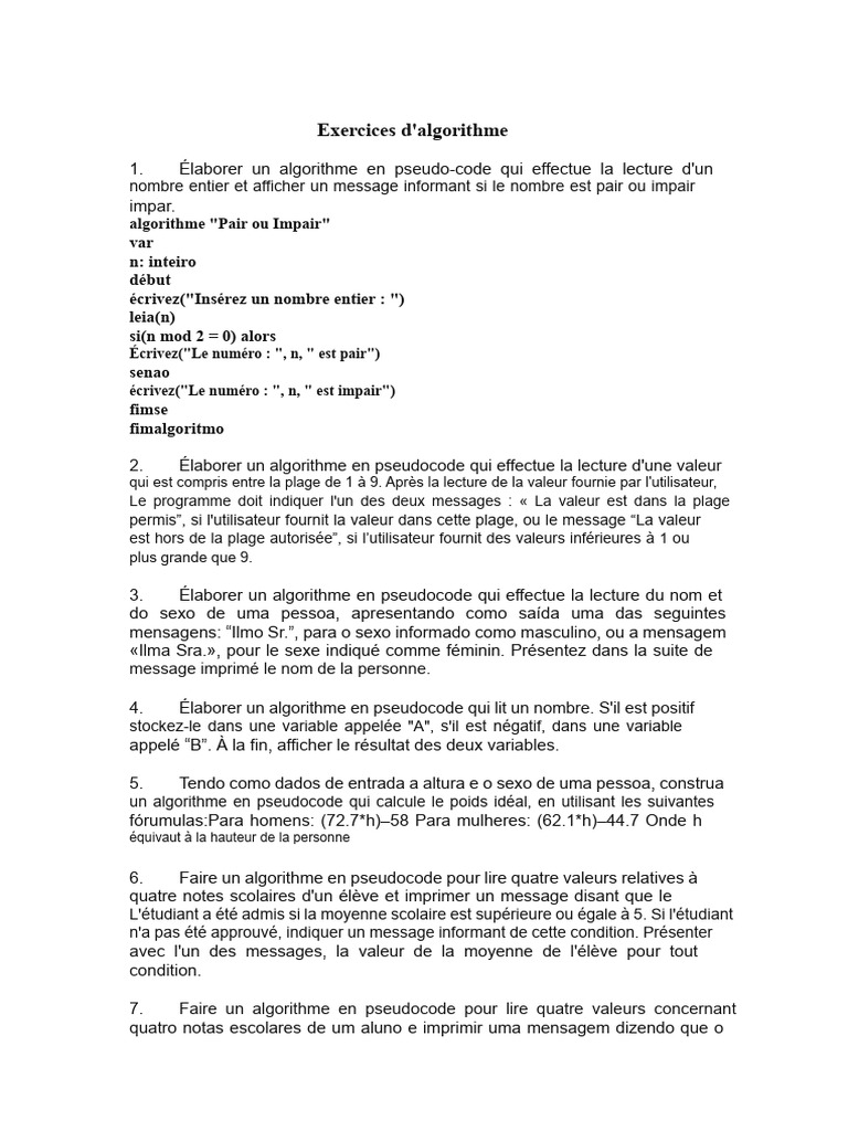 Exercices de Pseudocode Algorithmiques | PDF | Pourcentage