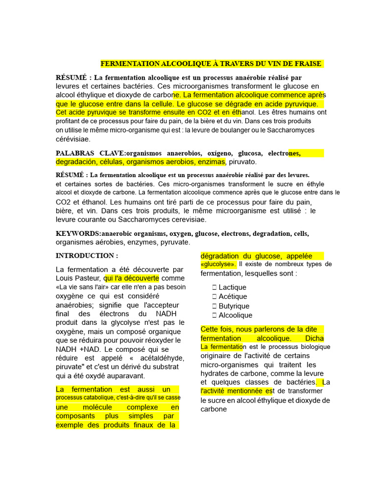 Fermentation alcoolique du vin de fraise PDF Fermentation Levure — free download