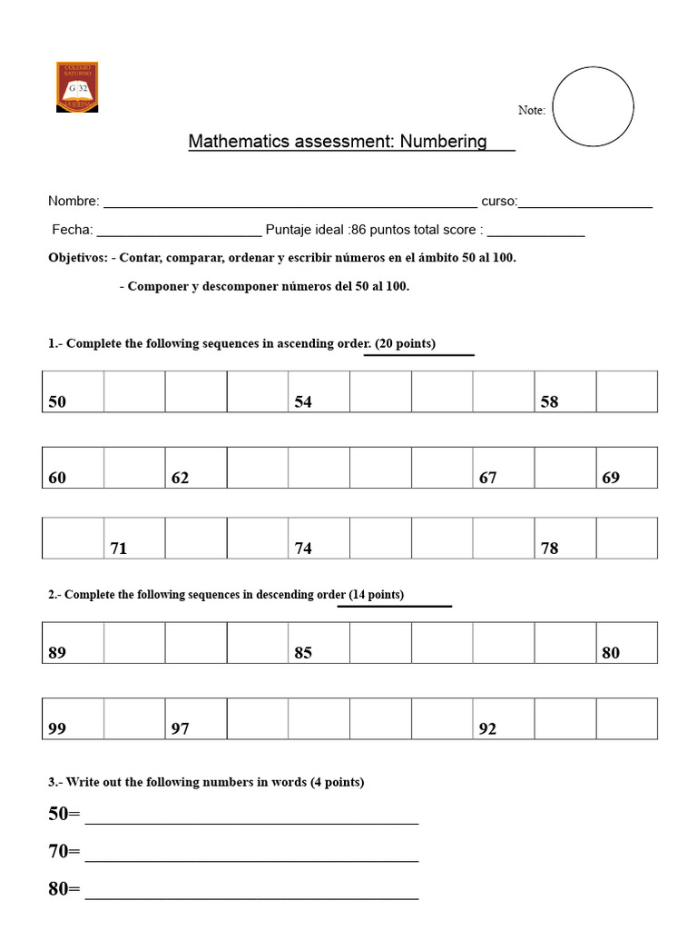 Numbering Test Range 50 To 100 | PDF