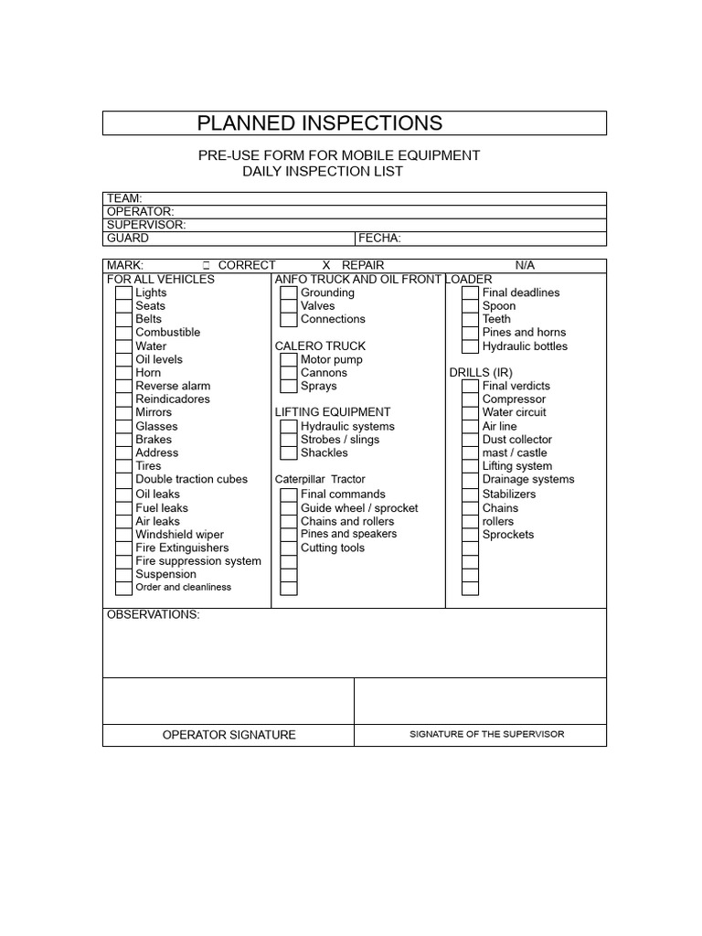 Pre-Use Format For Mobile Equipment | PDF